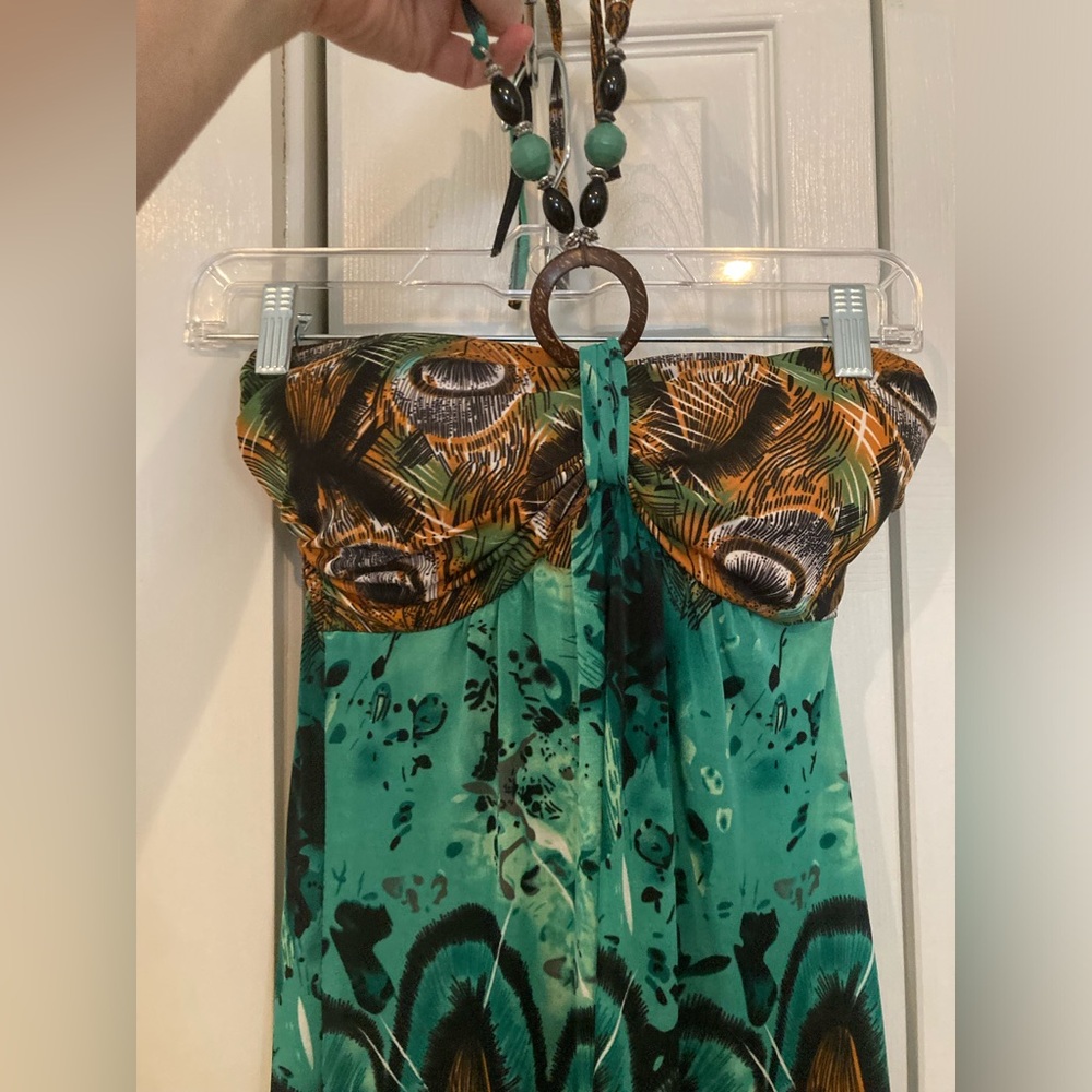 Green and Brown Strapless Dress with Beaded Necklace